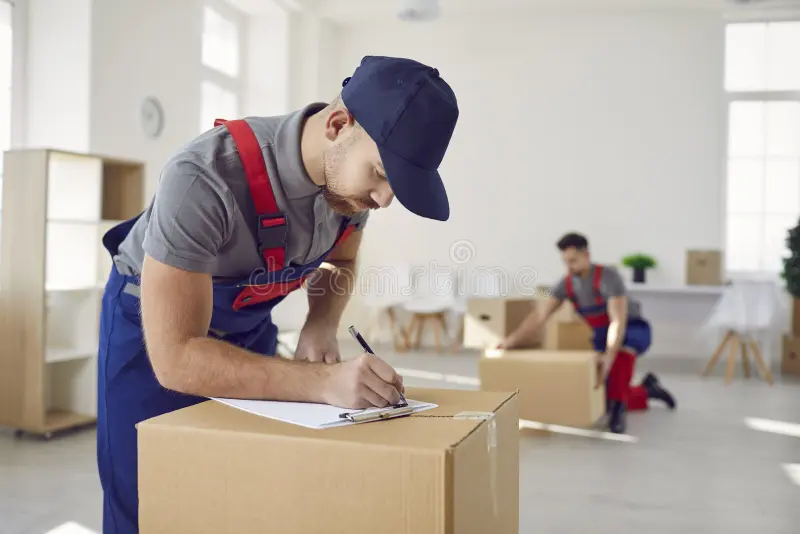 delivery-company-worker-writing-invoice-cardboard-box-moving-day-house-worker-professional-man-van-delivery-417625372